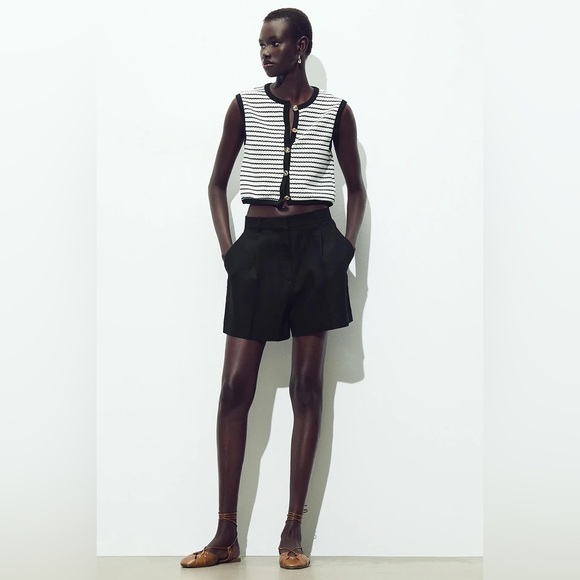 Zara Tops - ZARA Striped Knit Crop Vest Gold Button Front Sleeveless Chic Top Size M